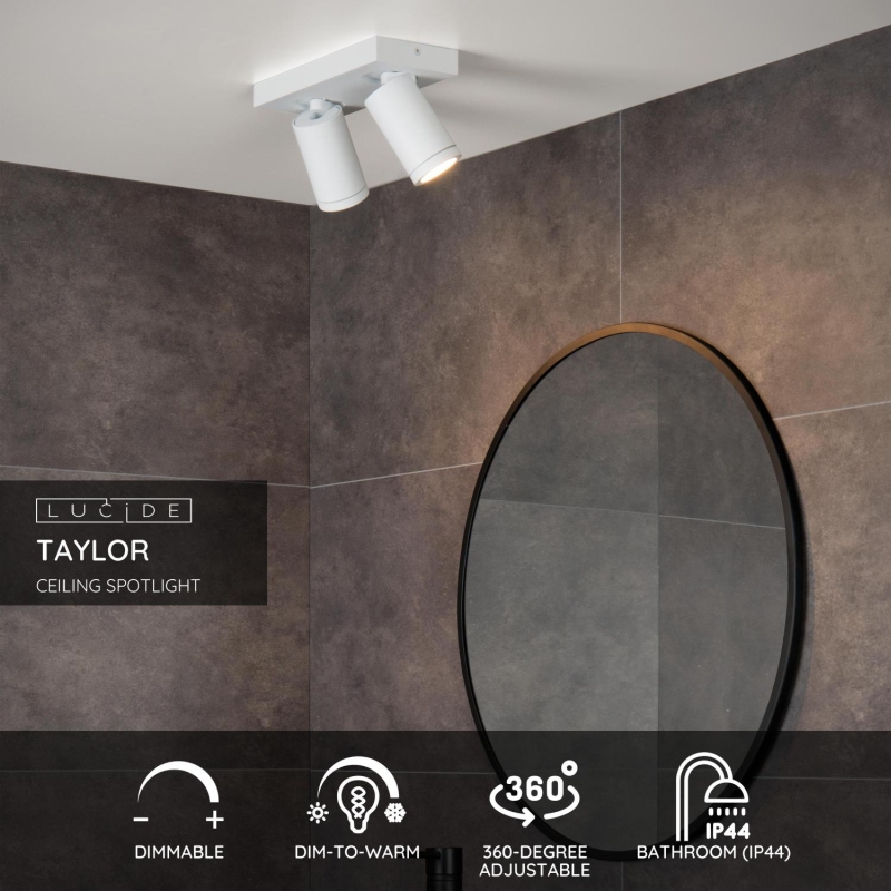 Lucide TAYLOR - Stropné bodové svietidlo Kúpeľňa - LED Dim to warm - GU10 - 2x5W 2200K/3000K - IP44 - White